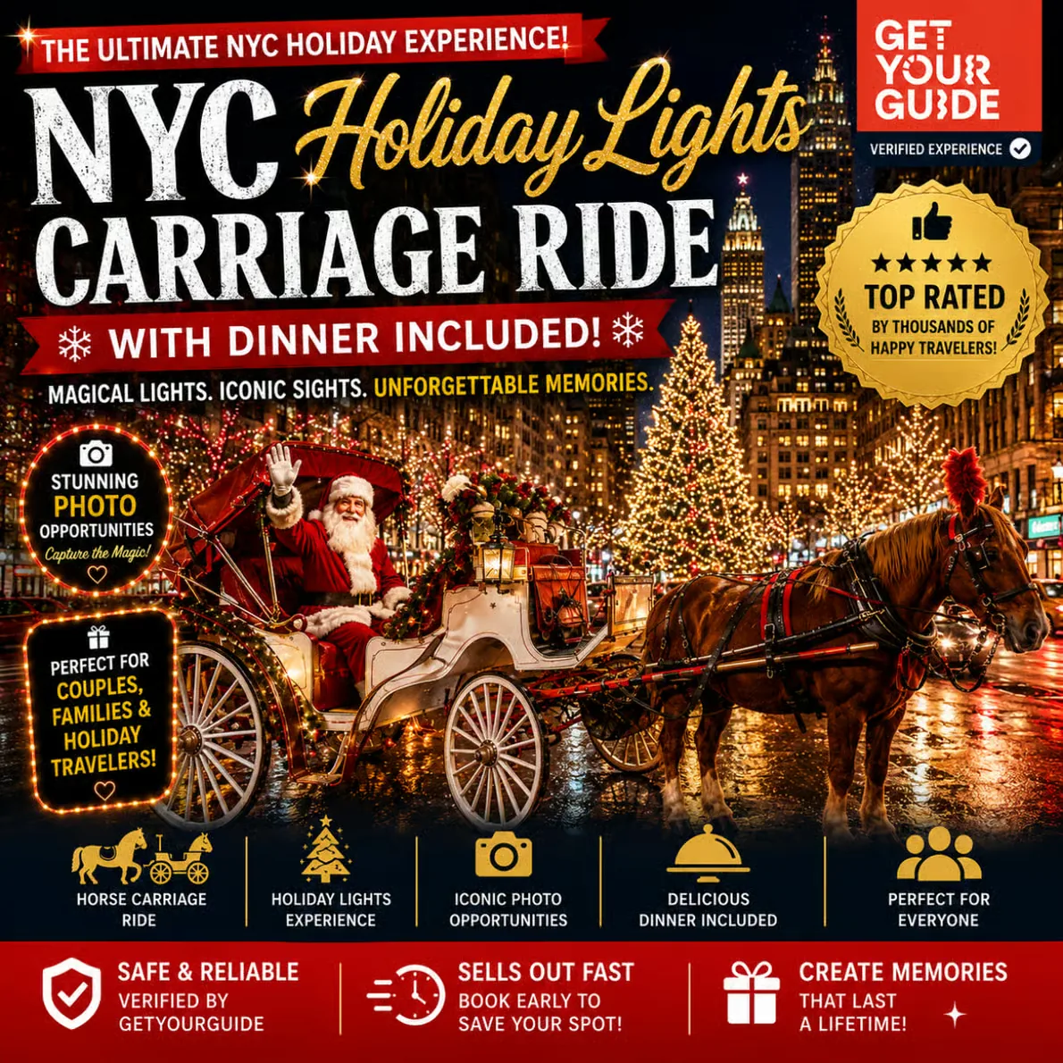 New York Christmas carriage ride with dinner | Lights and Central Park