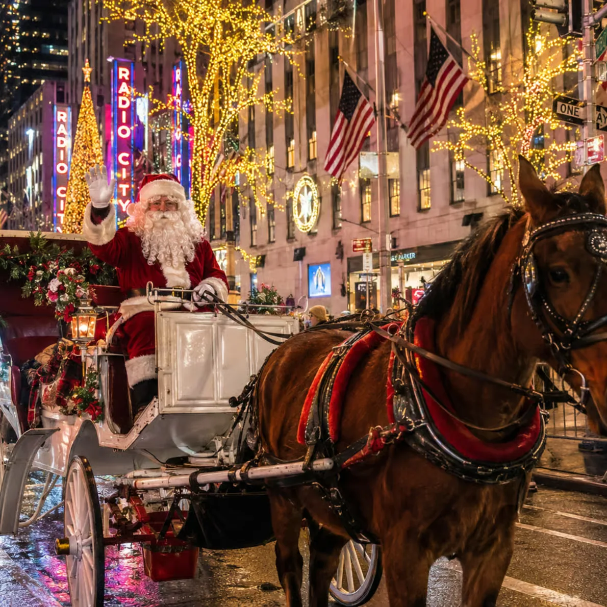 New York Christmas carriage ride with dinner and festive lights